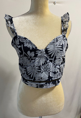 Kendall + Kylie Crop Top Black White Palm Womens Juniors Large Sleeveless (R4)