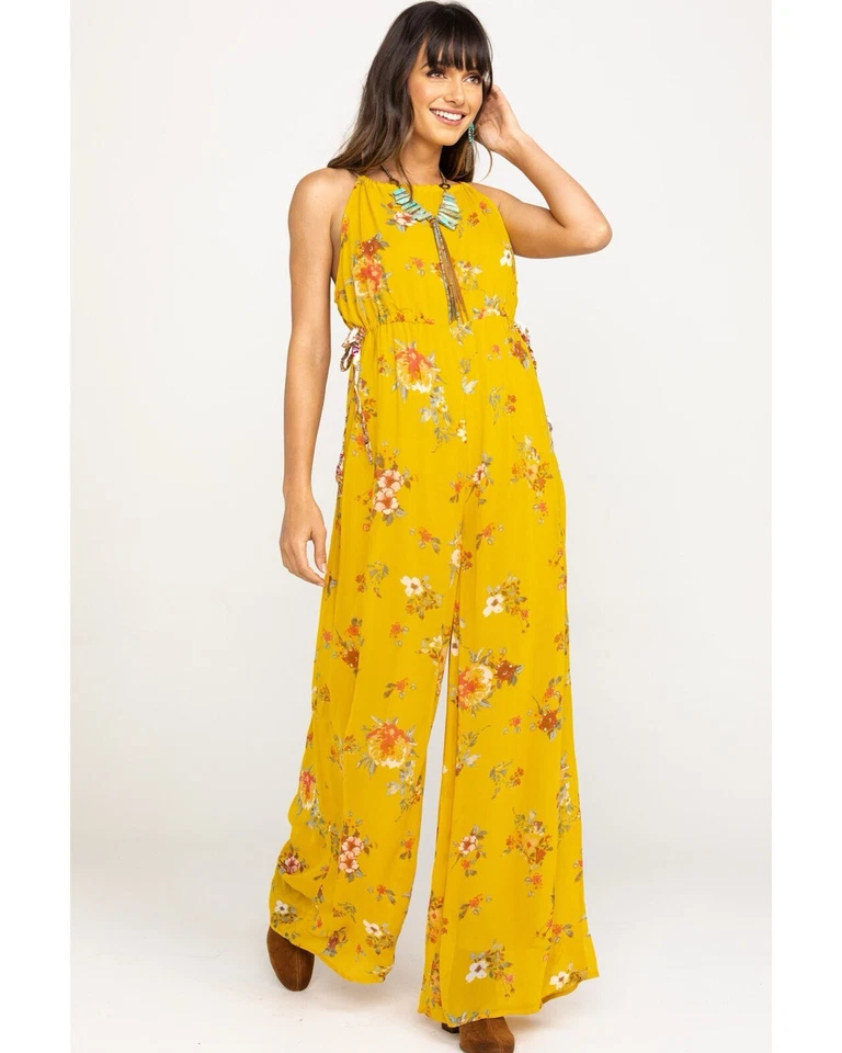 Mono Free People Georgia Floral Chifón Sin Mangas Pierna Ancha Dorado Combo Talla S Foto 3 de 4