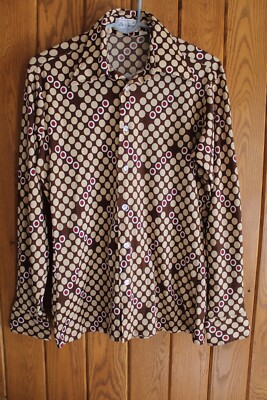 SZ M VTG DE GARO POLYESTER DAGGER DISCO COLLAR POLKA DOT BUTTON UP SHIRT