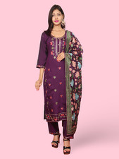 Rayon-Cotton Embroidered Straight Kurti with Pant and Dupatta
