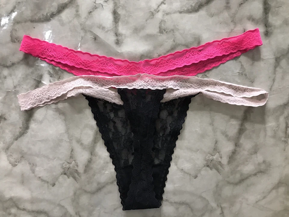 Victoria's Secret ROSA Negro Encaje Doble Correa Tanga Panty Grande Multicolor Foto 2 de 3
