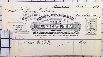 c1883 St. Louis Missouri Torclicht & Dunker Carpet Dealers Billhead 