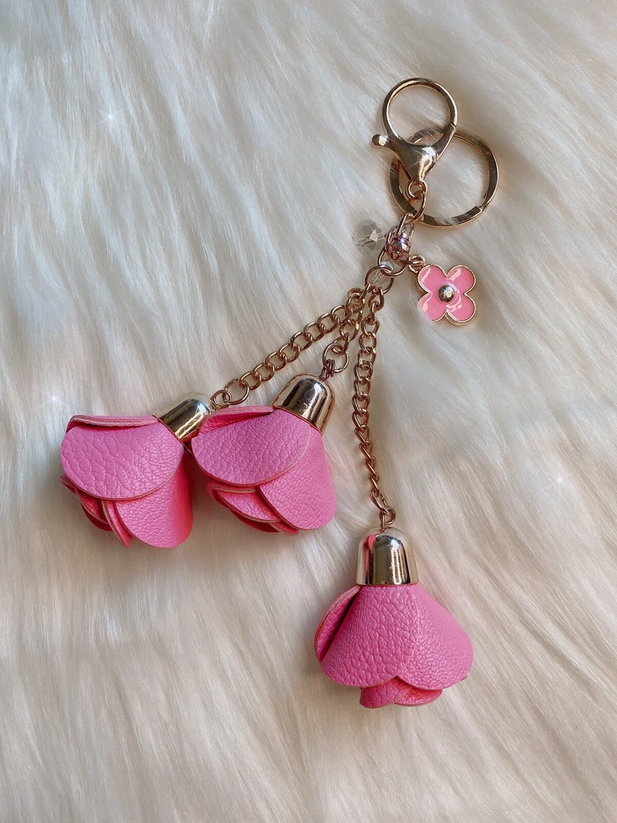 Pink Faux Leather Flower Bag Charm Keychain New Handmade Purse Accessories