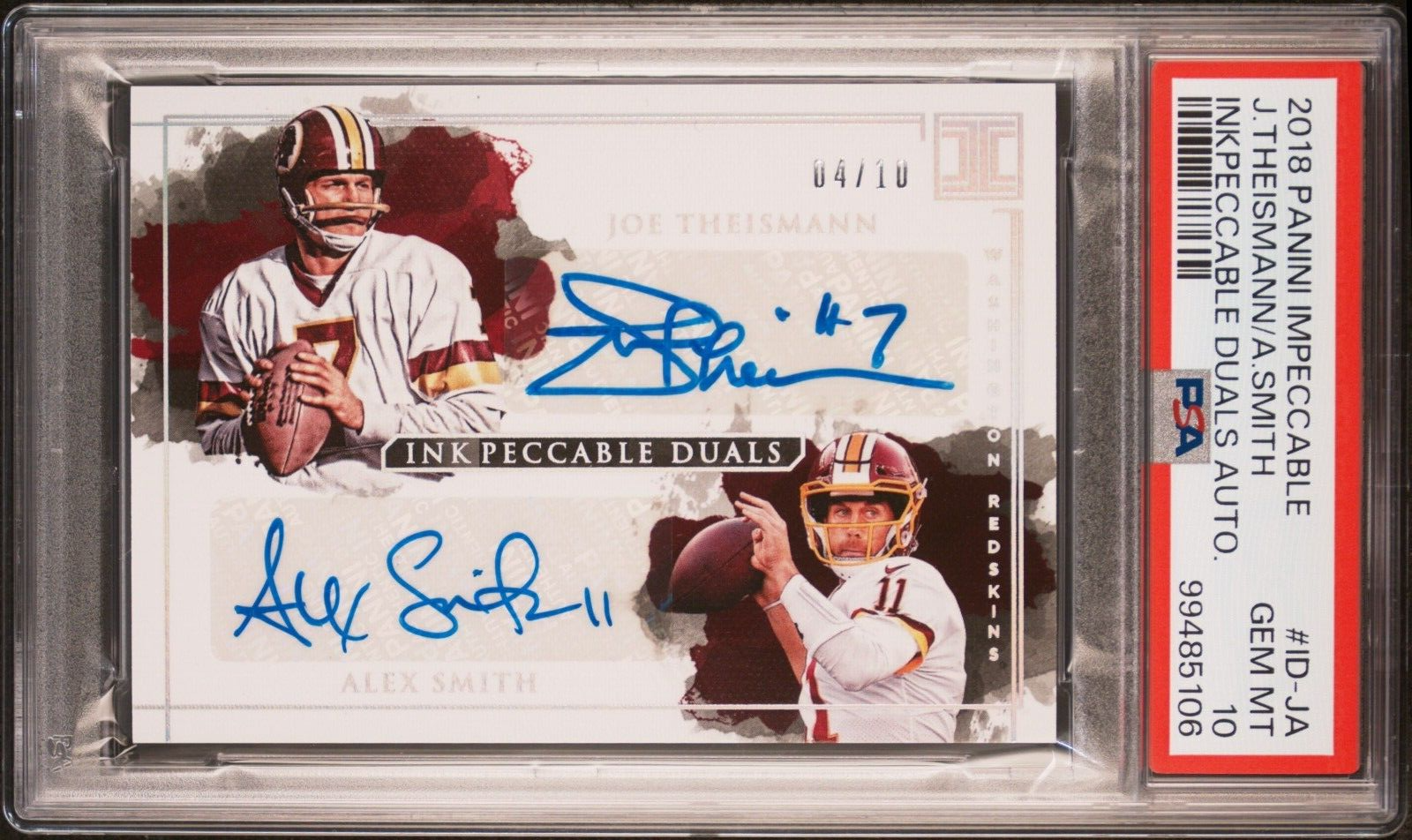 Alex Smith Washington Commanders 2018 Joe Theismann Impeccable Inkpeccable Duals Auto PSA 10 Dual SSP 