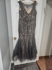 Gray Nude Embroidered Embellished Lace Mother of the Bride Dress