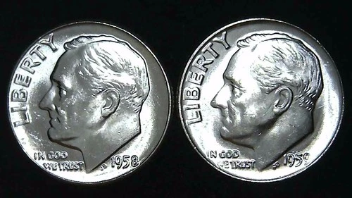 1958 1959-P  10C Roosevelt Dime (2  Coins) BU 90% Silver 26ctt0106-2