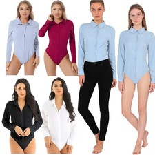Womens One Piece Turn-down Collar Long Sleeve Button Down Bodysuit Shirts Blouse