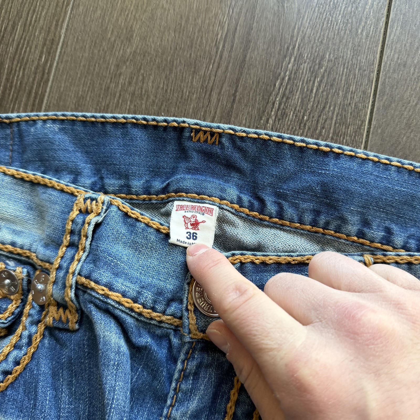 Y2K True Religion Jeans Mens 36x34 Blue Relaxed Straight Contrast Stitch Denim thumbnail 5