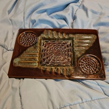 Brown  Turquoise Drip Glaze Elongated 4 Foot Ashtray Vintage 