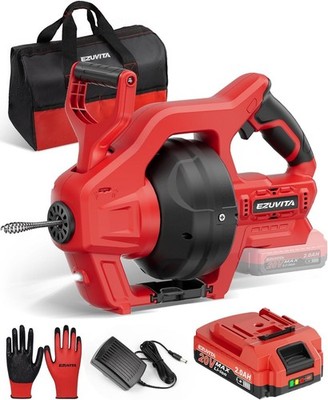 20V Cordless Electric Drain Snake, 25Ft Replaceable Cable with 2.0Ah Battery & F