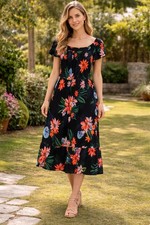 Old Navy Dress Size S Rayon Floral Midi Short Sleeve Smocked Boho Tropical