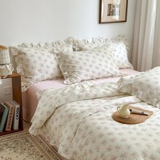 mixinni Pink Floral Duvet Cover Set Queen Size - 100 Cotton Ruffle Lace Bedd...