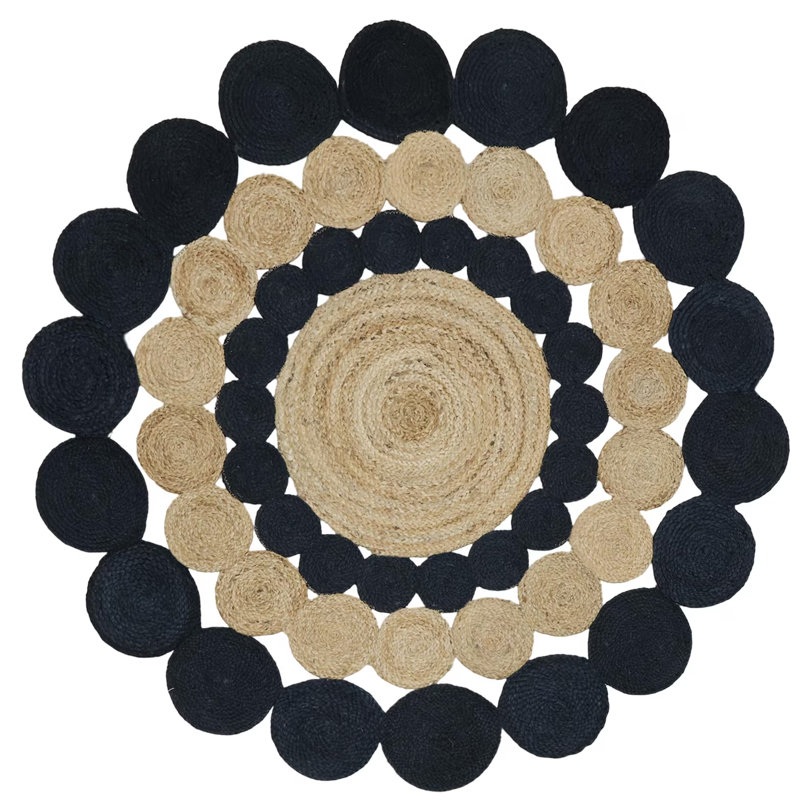 Scallop Round Cotton Jute Rug Beige Black 3x3 4x4 5x5 ft, Hand Braided Boho Area