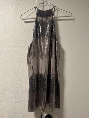 Show Me Your MuMu Silver Black Gray Sequin Chiffon Halter Strappy Mini Dress M
