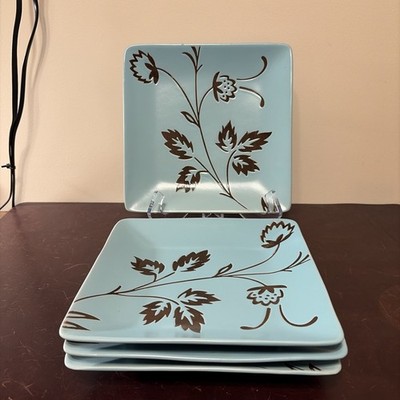 Echo Point Collection Light Blue/Brown Floral Square Dish Salad Plate Set Of 4