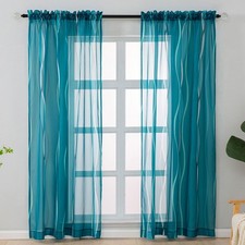 Teal and White Sheer Curtains 84 Inch Long 2 Panels Set for Living Room, Voil...