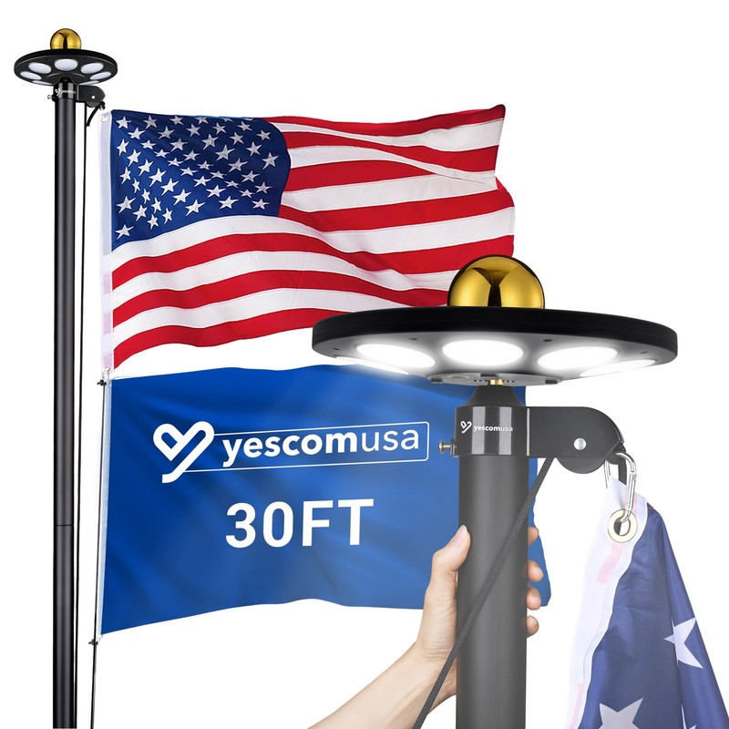 Yescom 30Ft Sectional 13Gauge Aluminum Flag Pole Kit with 136 LED Solar Light
