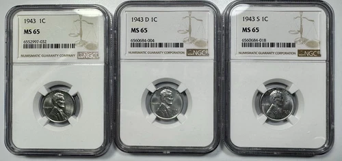 1943-P, D and S Mint Lincoln 1c Steel Pennies NGC MS 65 Date Set