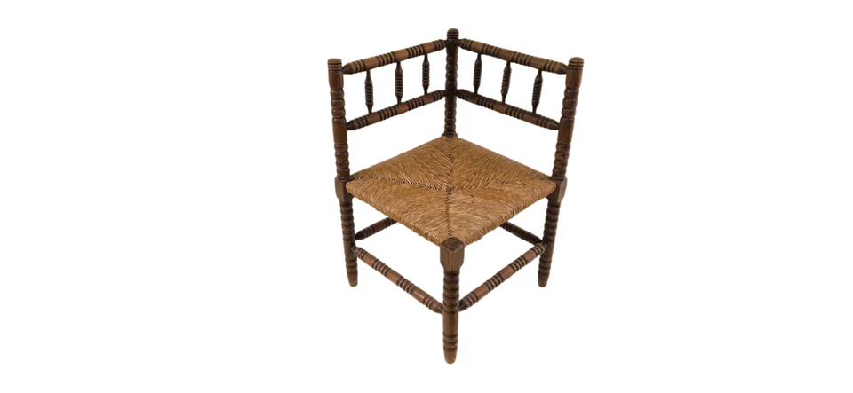 Silla esquinera bobina francesa antigua rara. Asiento tejido Rush. Husillos torneados. Foto 2 de 4