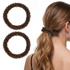 2Pcs Rhinestone Hair Scrunchies, Crystal Ties Elastic Holders, Dark Brown