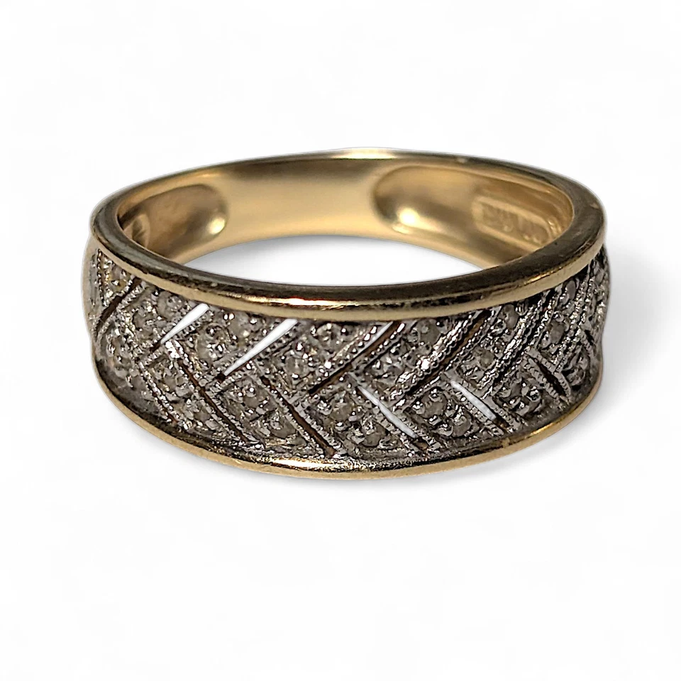 14K Yellow & White Gold Diamond Ring Sz 7.5 Band Clear Round Stones Herringbone - Image 2 of 4