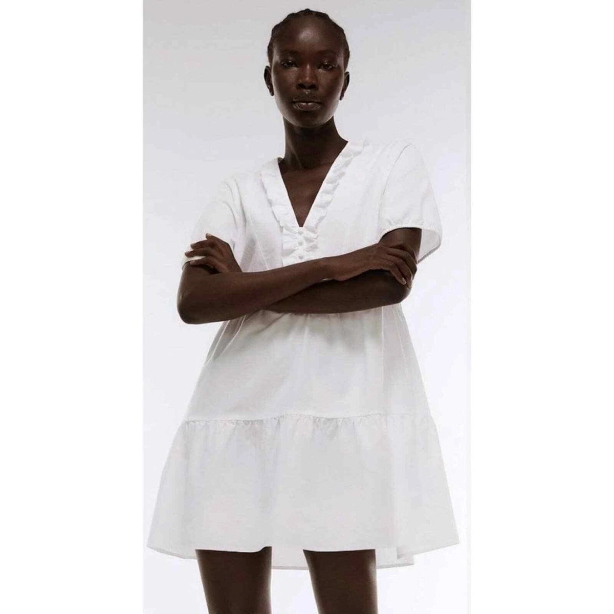 Zara Poplin Ruffled V Neck Tiered Mini Dress White size Small eBay