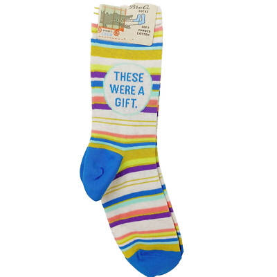 Sock Blue Q Crew Women Boy These Gift Funny Saying Blue Green Stripes NWT NEW