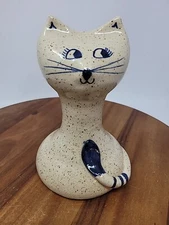 Vintage Skinny Cat Piggy Bank Stoneware Studio Art  Pottery Folk Hesperus Blue
