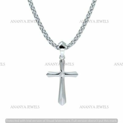 Single Moissanite Religious Cross Catholic Pendant Necklace White Gold Plated