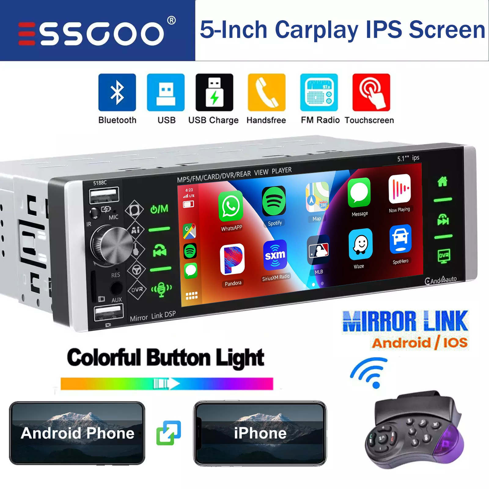 Single 1DIN Carplay/Android Auto 5" Car Stereo Radio Bluetoo