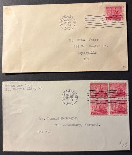 #736 Maryland Tercentennial FDC, single and block of 4 without cachet