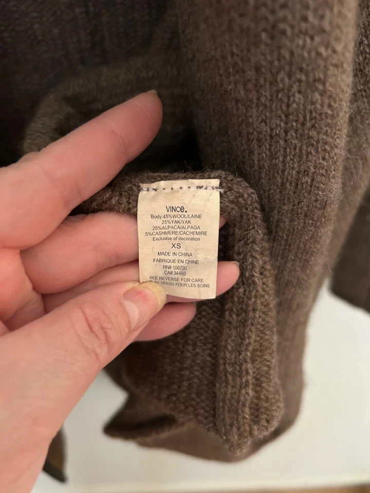 CÁRDIGAN MUJER VINCE CUERO RIBETE CAPUCHA LUJO SUÉTER TALLA XS marrón jaspeado Foto 4 de 4