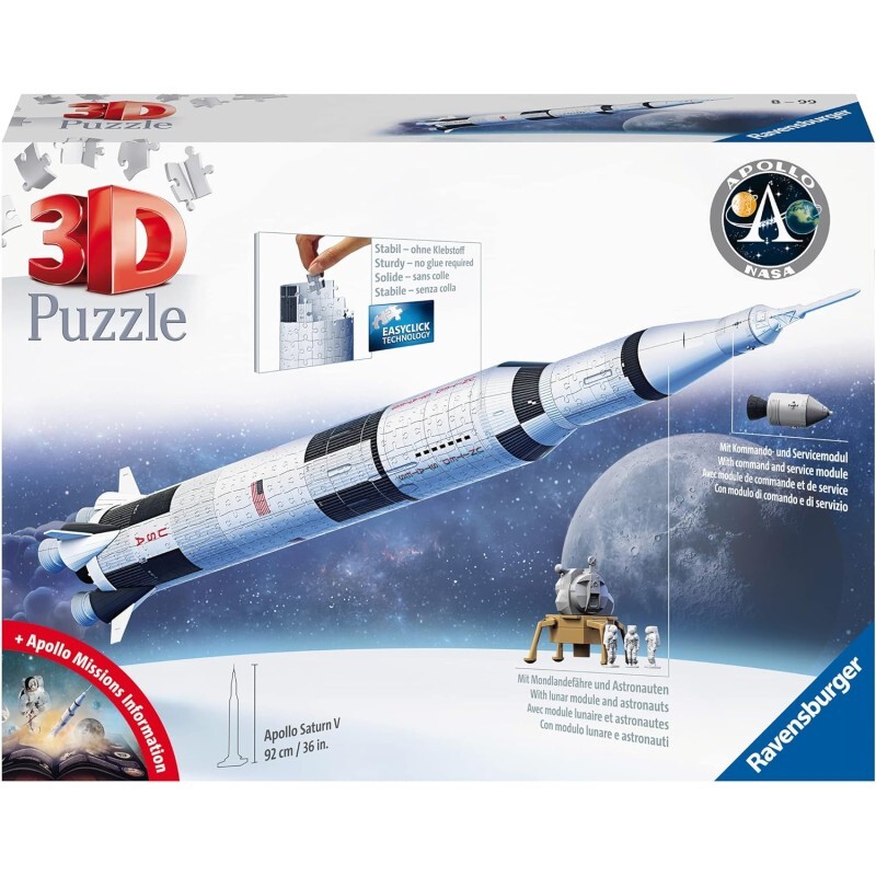 Ravensburger - 3D Puzzle Apollo Saturn V Rocket, Razzo Spaziale, 504 Pezzi, 8+ A