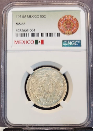 1921 MEXICO SILVER 50 CENTAVOS 50C NGC MS 66 RARE HIGH GRADE GEM BU BEAUTY