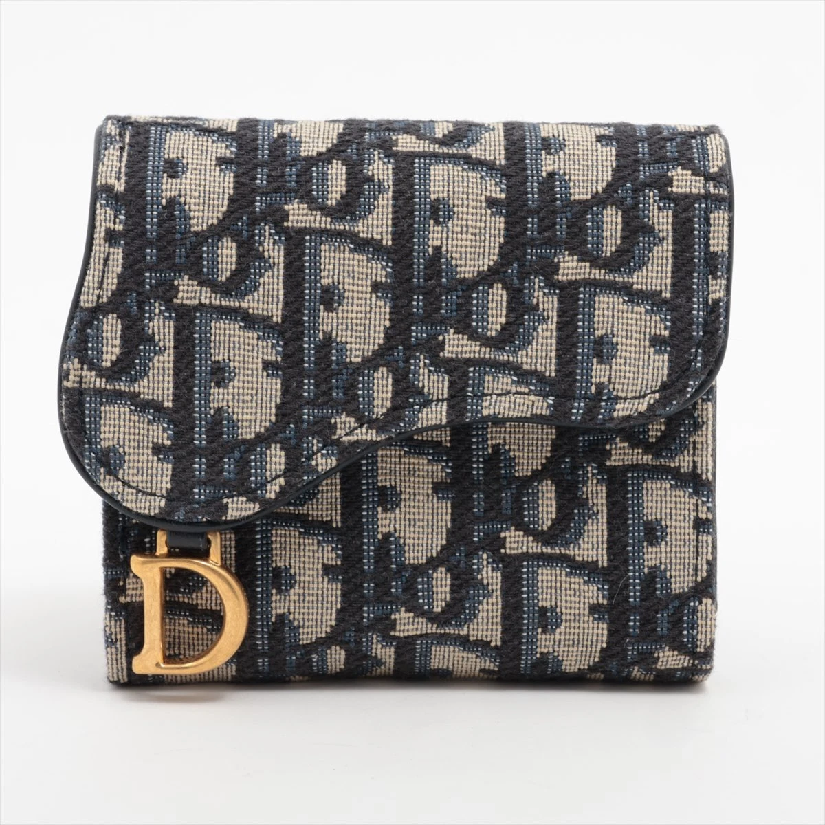 Portefeuille Dior Selle Lotus Toile et Cuir Compact Portefeuille Bleu Marine