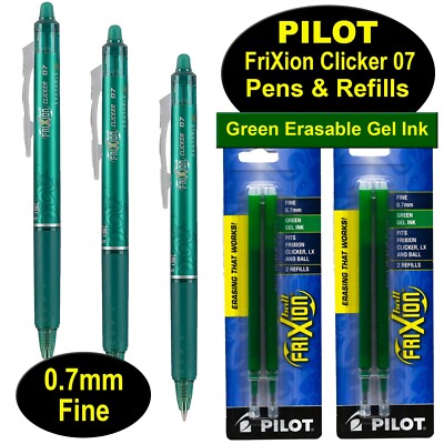 Pilot FriXion Clicker 07 Pens Refills, Green Erasable Gel Ink,