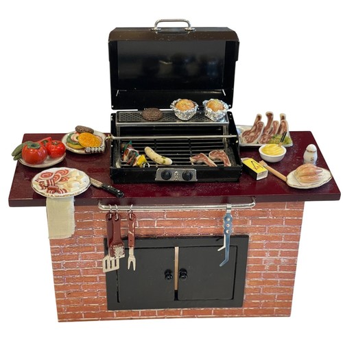 Casa delle Bambole Miniatura Reutter Grill con Accessori Alimentari e Utensili Mattone NOS