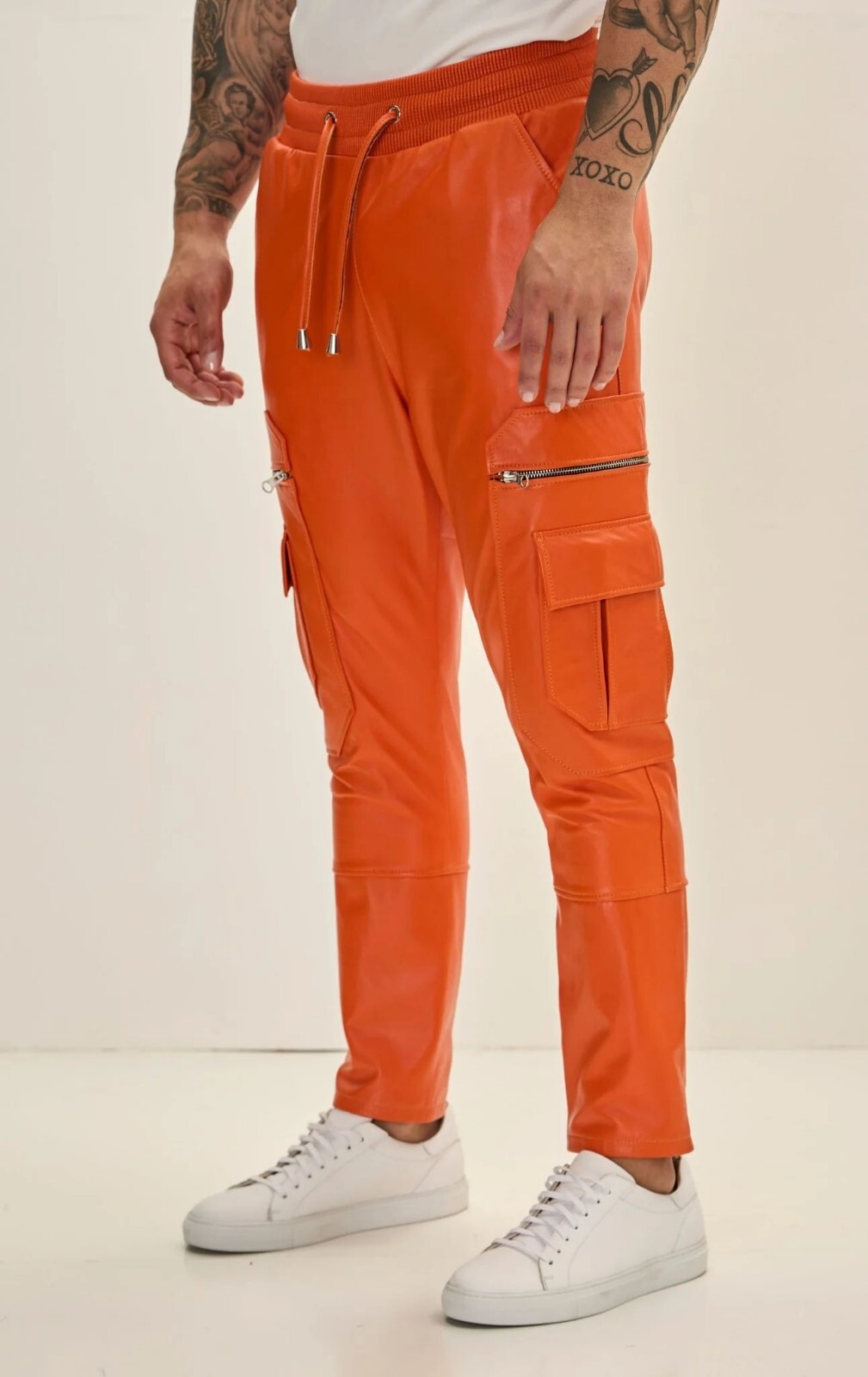 Men's Orange Premium Leather Joggers with Drawstring Waist