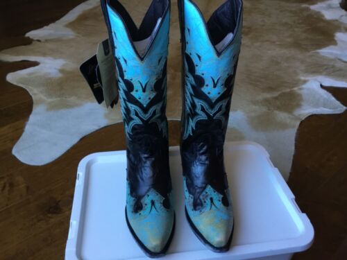 Dan Post womens black, turquoise and gold snip toe boots size 8.5 nwt