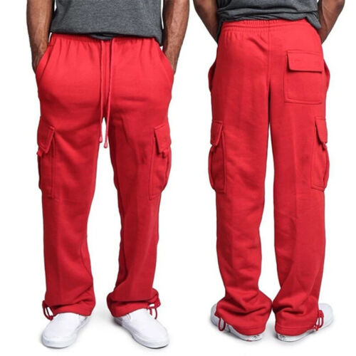 New Casual Men's Drawstring Elastic Waist Solid Color Pocket Pants Sports Pants - Picture 9 of 11