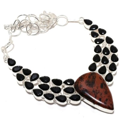 Mahogany Obsidian, Onyx Gemstone 925 Silver Jewelry Necklace 18'' R-1346