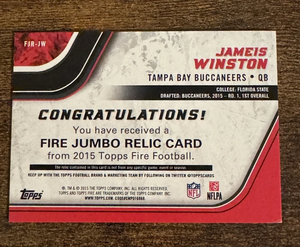 2015 Jameis Winston Topps Fire Jumbo Blue Relic RC /75 Authentic Worn Buccaneers - Image 2 of 2