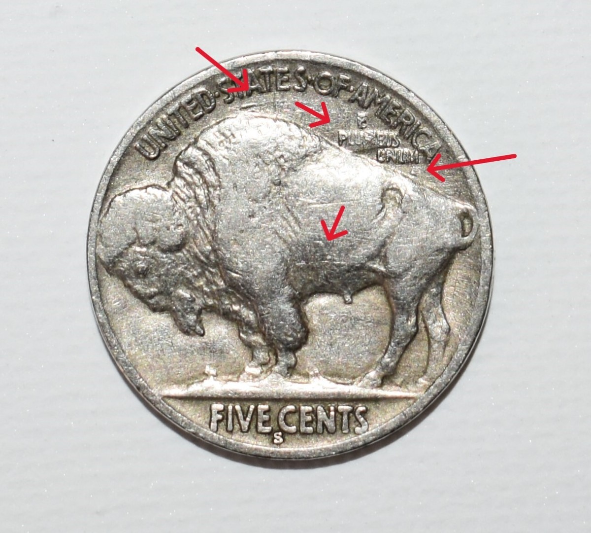 Buffalo - cnd 1936 S Buffalo Nickel Wound Spear Error Raised Filled DDR