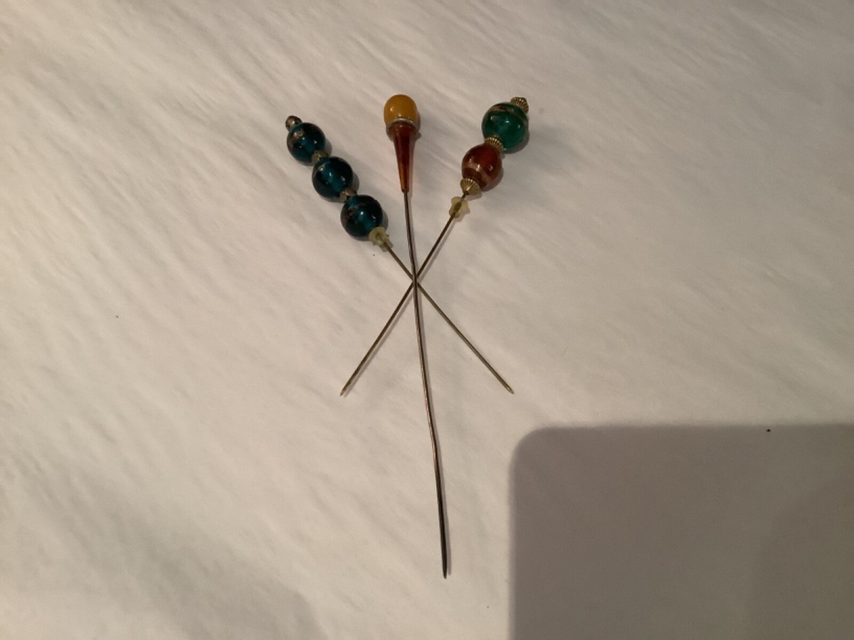 3 Vintage Murano Glass Hatpins Artisan Lampwork Handmade Vintage Lampwork Glass Hatpins, Hat Accessories, Glass Beads  main image 2