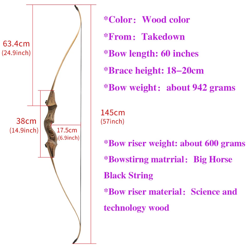20-60lbs Archery Recurve Bow Arrow Kit 60" Takedown Wooden Handle Shooting Hunt - Image 4 of 4