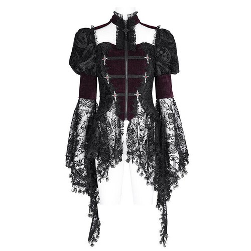Eva Lady Women Red Vintage Gothic Lace Splice Velvet Puff Sleeve Jacket - Picture 10 of 23