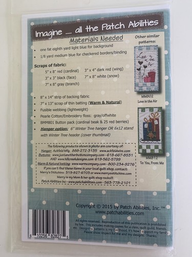 Patch Abilities Applique Quilt Pattern MM801 WINTER CARDINAL 6" x 12" - Picture 2 of 2