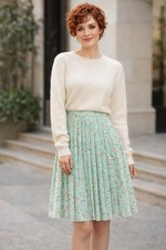 Womens Mint Green Floral Pleated Knee Length Skirt Sz M Feminine Coquette Fairy