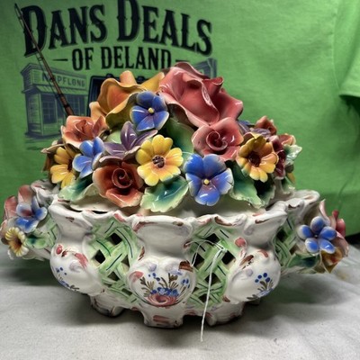 Vintage Capodimonte, Porcelain Flower Basket Handmade In Italy