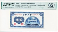 Central Bank of China China 20 Cents=2 Chiao ND(1931)  PMG  65EPQ